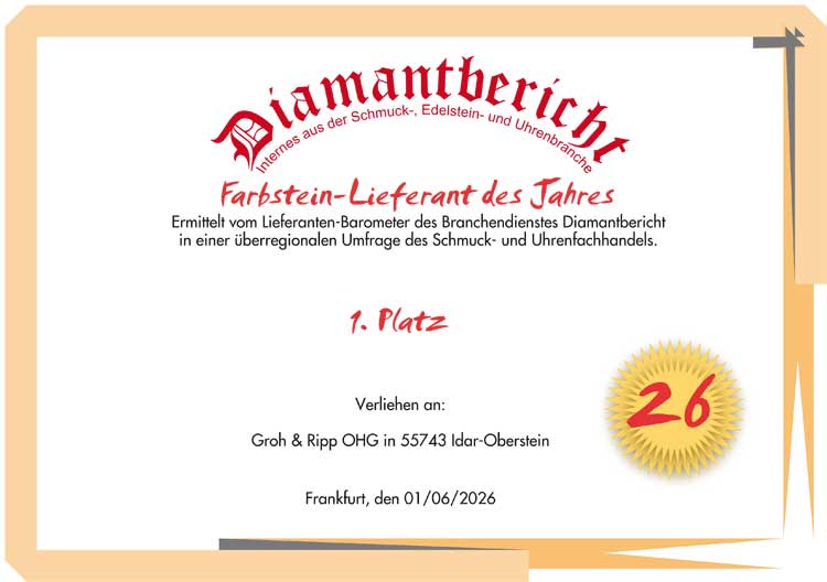 Diamantbericht: Farbstein-Lieferant des Jahres 2026, 1. Platz